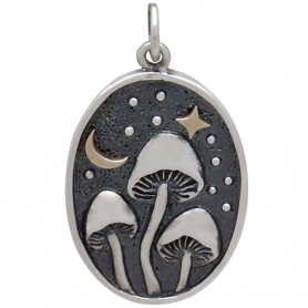 Silver Mushroom Pendant with Bronze Star and Moon 26x15mm
