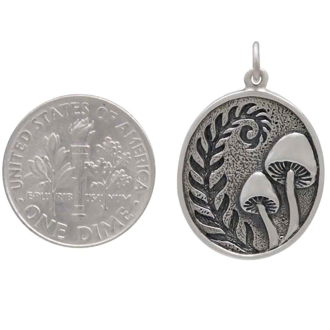 Sterling Silver Etched Fern and Mushroom Pendant 26x17mm