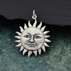 Sterling Silver Large Smiling Sun Pendant 31x24mm