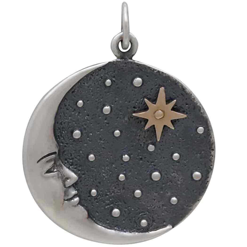 Silver Crescent Moon Face Pendant with Bronze Star 27x21mm