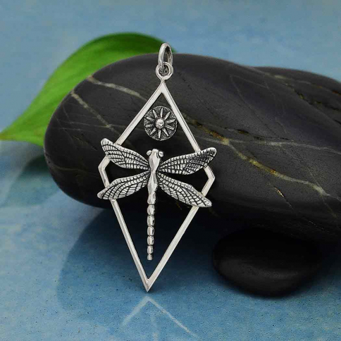 Sterling Silver Dragonfly Pendant in Diamond Frame 40x19mm