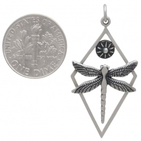 Sterling Silver Dragonfly Pendant in Diamond Frame 40x19mm