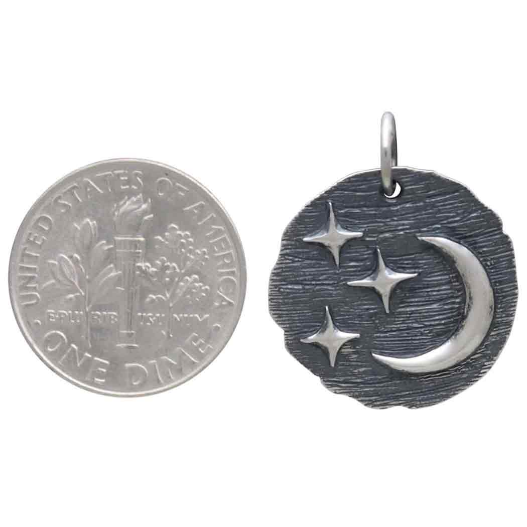 Sterling Silver Ancient Coin with Stars and Moon 22x18mm