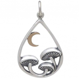 Silver Mushrooms in Teardrop with Bronze Moon 26x15mm