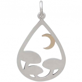 Silver Mushrooms in Teardrop with Bronze Moon 26x15mm
