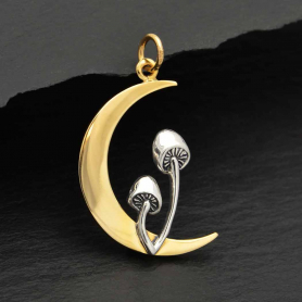 Bronze Moon Charm with Sterling Silver Mushrooms 28x16mm