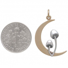 Bronze Moon Charm with Sterling Silver Mushrooms 28x16mm
