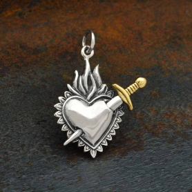 Mixed Metal Flaming Heart Pendant with Sword 26x20mm
