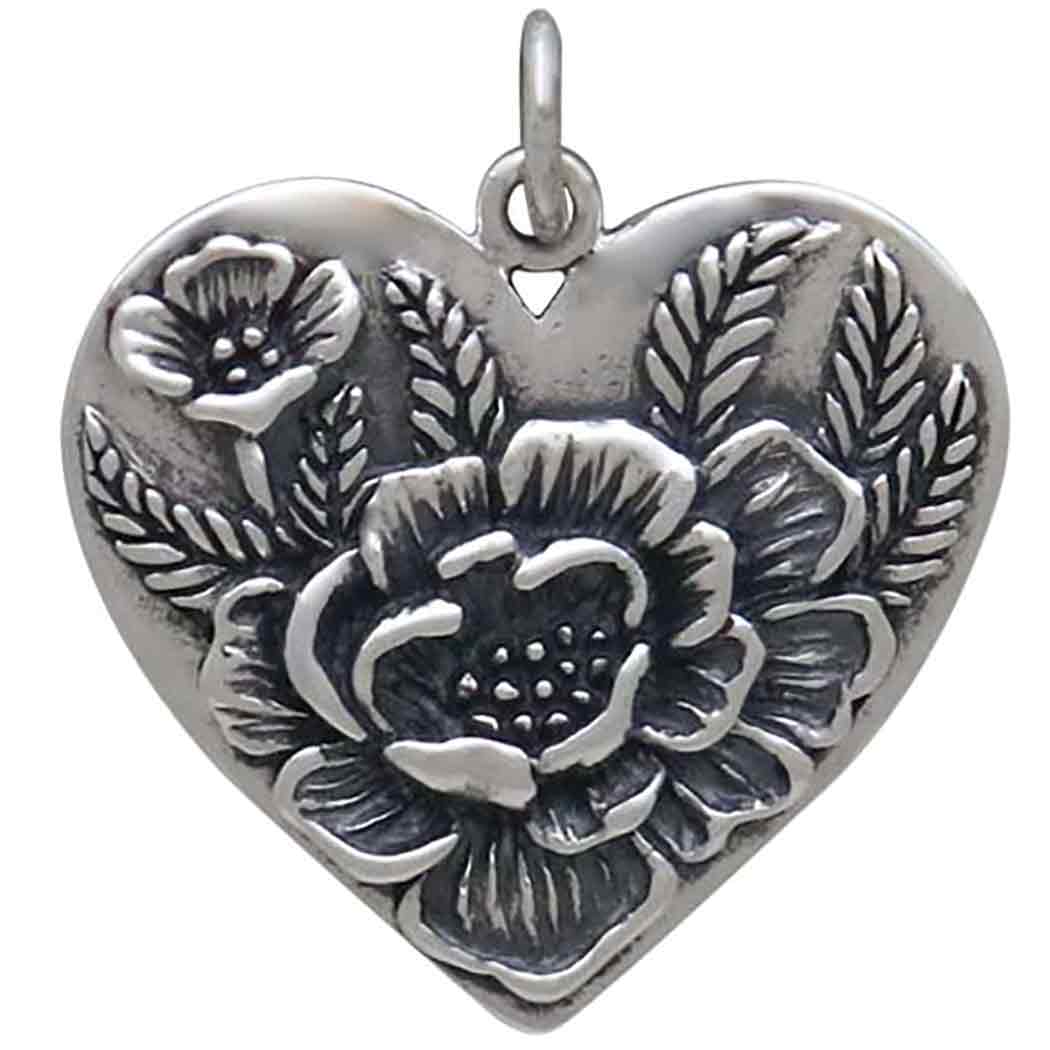 Sterling Silver Heart Pendant with Peony Flowers 23x20mm