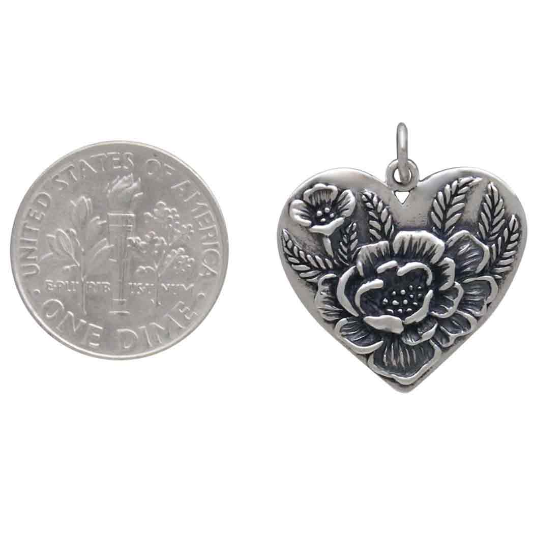 Sterling Silver Heart Pendant with Peony Flowers 23x20mm