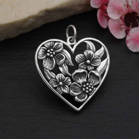 Sterling Silver Heart Pendant with Apple Blossoms 26x23mm