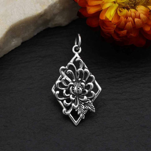 Sterling Silver Chrysanthemum Charm in Diamond Frame
