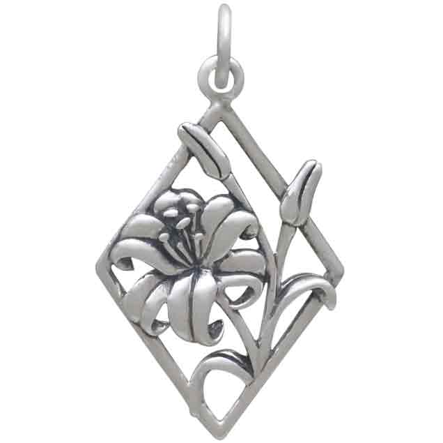 Sterling Silver Lily Charm in Diamond Frame 27x15mm