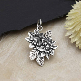 Sterling Silver Dahlia Pendant with Leaves 23x15mm