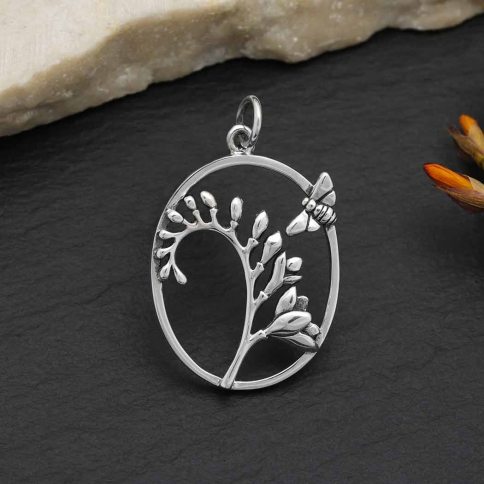 Sterling Silver Bee and Freesia Flower Pendant