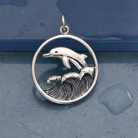 Sterling Silver Dolphin Jumpring in Waves Pendant 26x20mm