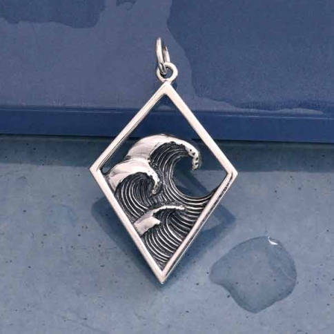 Sterling Silver Wave Charm in Diamond Frame