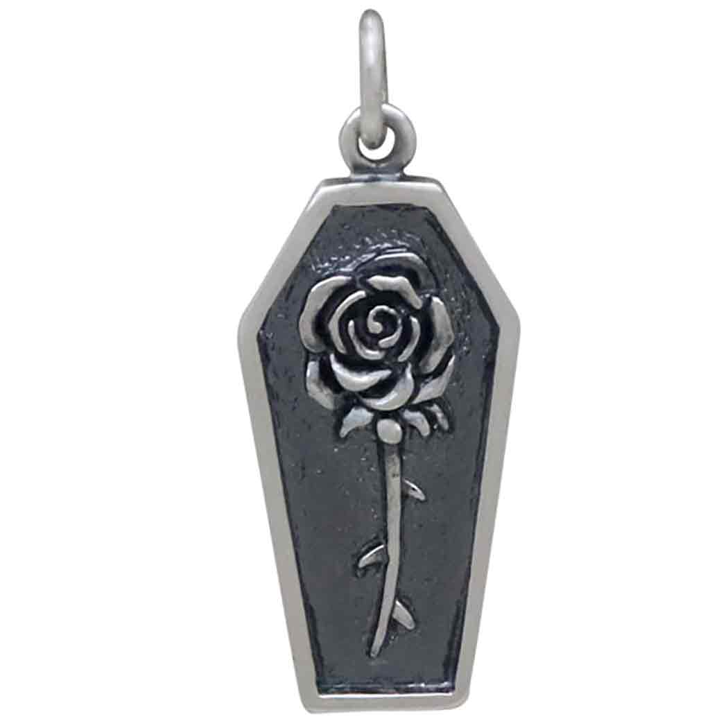 Sterling Silver Rose in Coffin Charm Front View