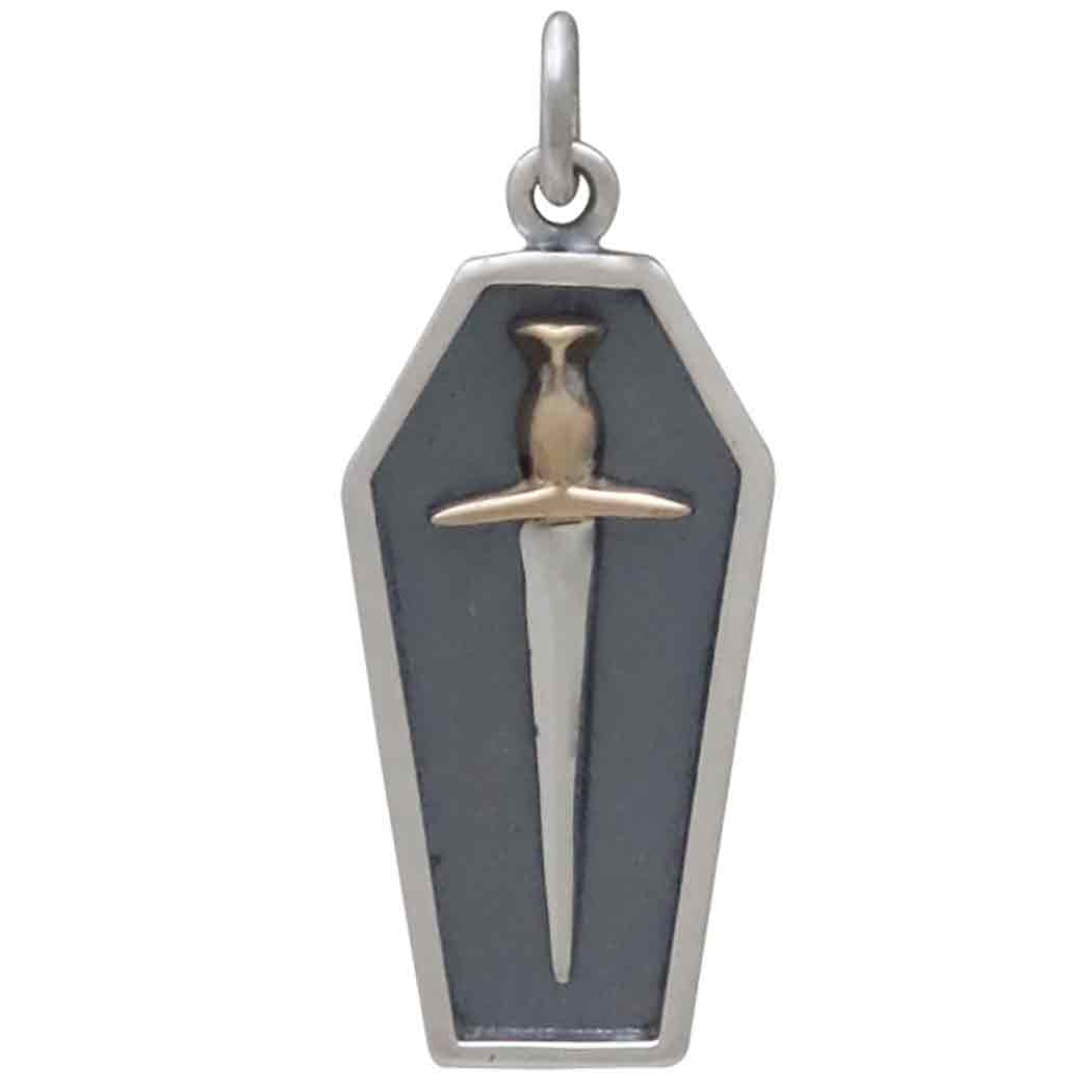 Sterling Silver Coffin Charm with Mixed Metal Sword Front View
