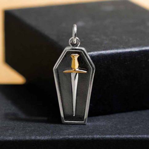 Sterling Silver Coffin Charm with Mixed Metal Sword 26x11mm