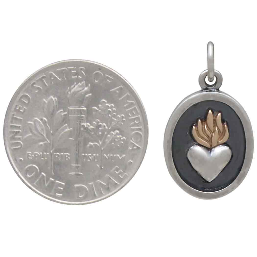 Mixed Metal Shadow Box Charm with Flaming Heart with Dime