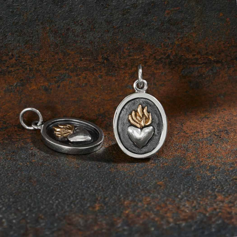 Sterling Silver Shadow Box Charm with Flaming Heart
