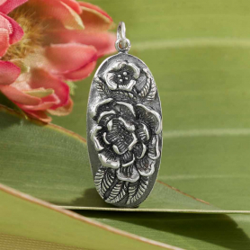 Sterling Silver Oval Pendant with Peony Flowers 35x14mm