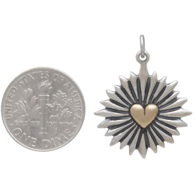 Large Mixed Metal Heart Pendant with Sunrays with Dime