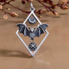 Sterling Silver Bat Pendant in Diamond Frame 35x21mm