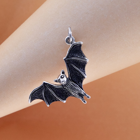 Sterling Silver Realistic Sideways Flying Bat Charm 26x18mm