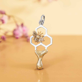 Mixed Metal Honeycomb Charm with Honey and Bee 29x12mm
