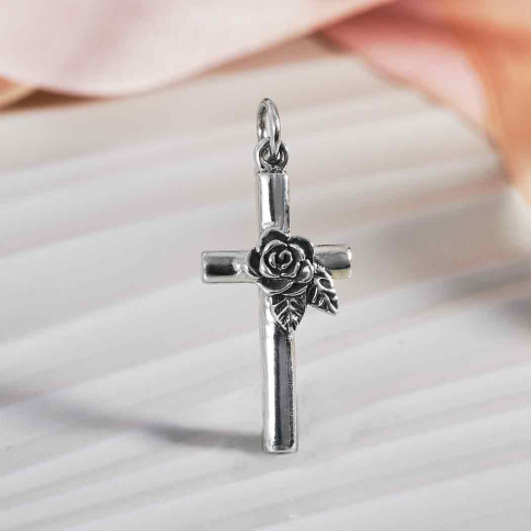 Sterling Silver Cross with Rose Charm 28x12mm