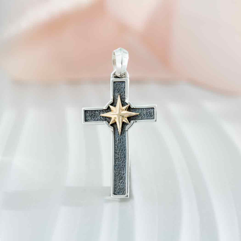 Sterling Silver Cross with Bronze Compass Pendant 33x16mm