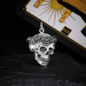 Sterling Silver Skull with Rose Crown Pendant 25x17mm