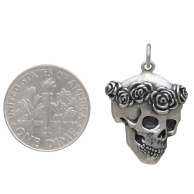 Sterling Silver Skull with Rose Crown Pendant with Dime