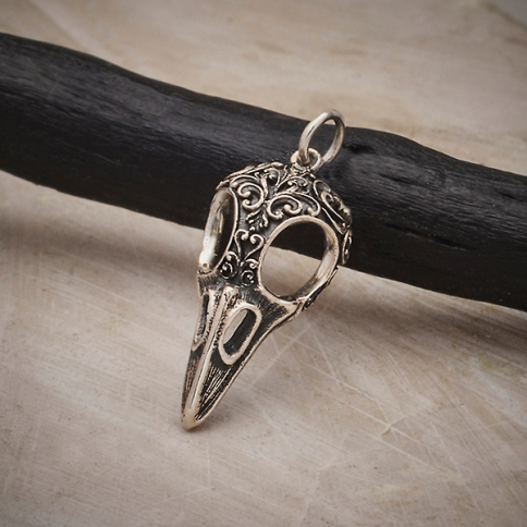 Silver Raven Skull Charm with Scroll Carving 28x11mm