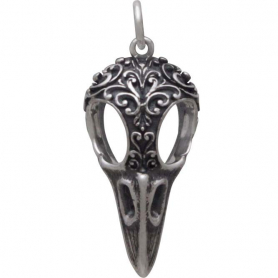 Silver Raven Skull Charm with Scroll Carving 28x11mm