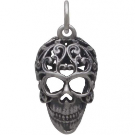 Sterling Silver Sugar Skull Charm with Filigree Scroll Work