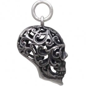 Sterling Silver Sugar Skull Charm with Filigree Scroll Work