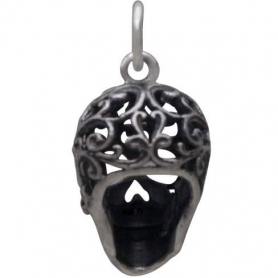 Sterling Silver Sugar Skull Charm with Filigree Scroll Work