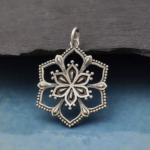 Sterling Silver Flower Mandala Pendant 29x20mm