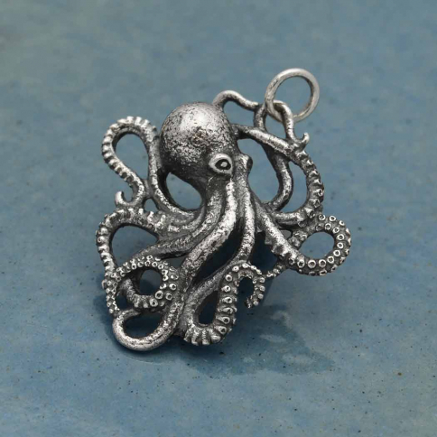 Sterling Silver Detailed Octopus Charm 28x24mm