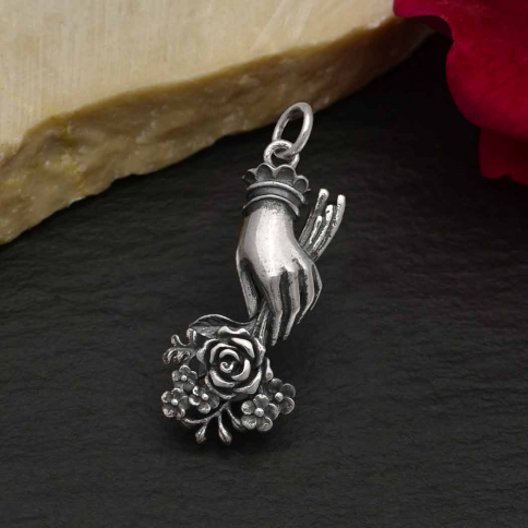 Sterling Silver Hand Charm Holding Flower Bouquet
