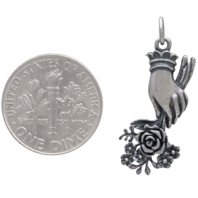 Sterling Silver Hand Charm Holding Flower Bouquet 29x11mm