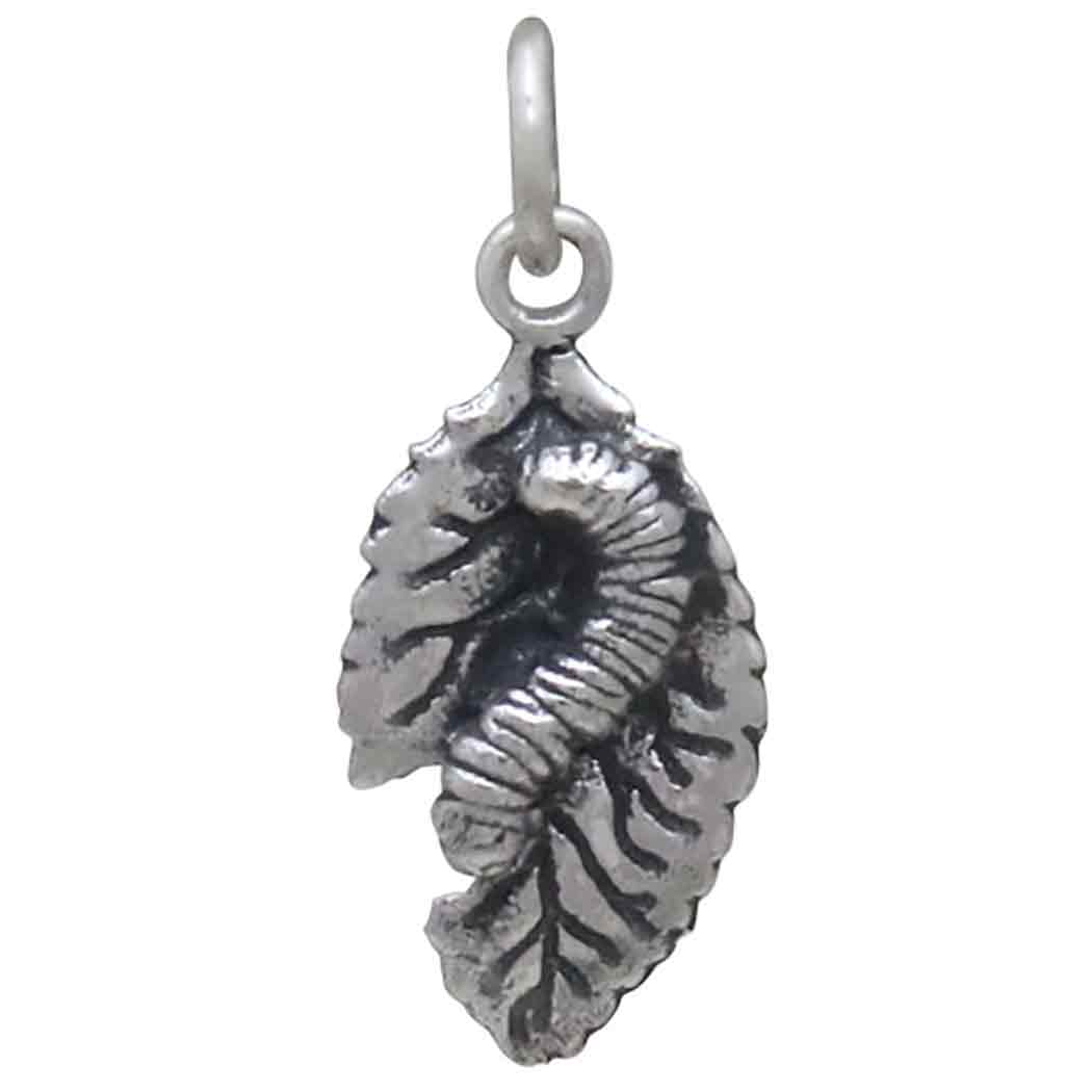Sterling Silver Caterpillar and Leaf Charm Front View