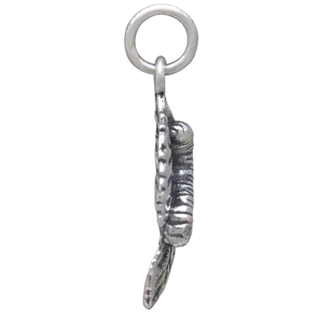 Sterling Silver Caterpillar and Leaf Charm Side View