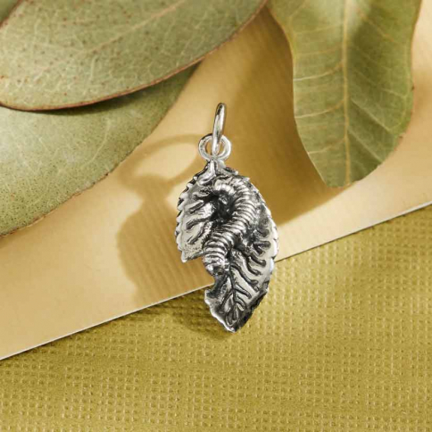 Sterling Silver Caterpillar and Leaf Charm 20x9mm