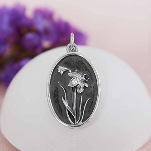 Silver Daffodil Charm - March Birthflower 25x13mm