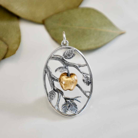 Sterling Silver Leaf Pendant with Bronze Apple 34x19mm