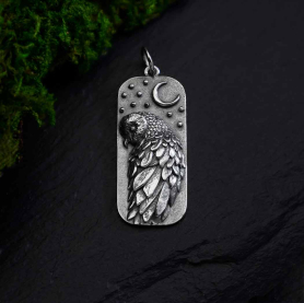 Sterling Silver Barn Owl and Moon Pendant 34x12mm